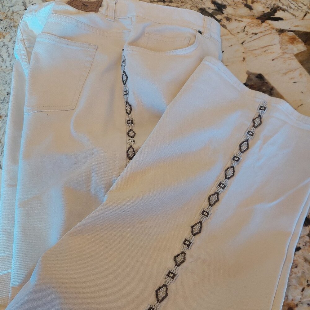 LAUREN JEANS COMPANY RALPH LAUREN CREAM SW TRIBAL BEADED STRIGHT LEG JEANS S 16W